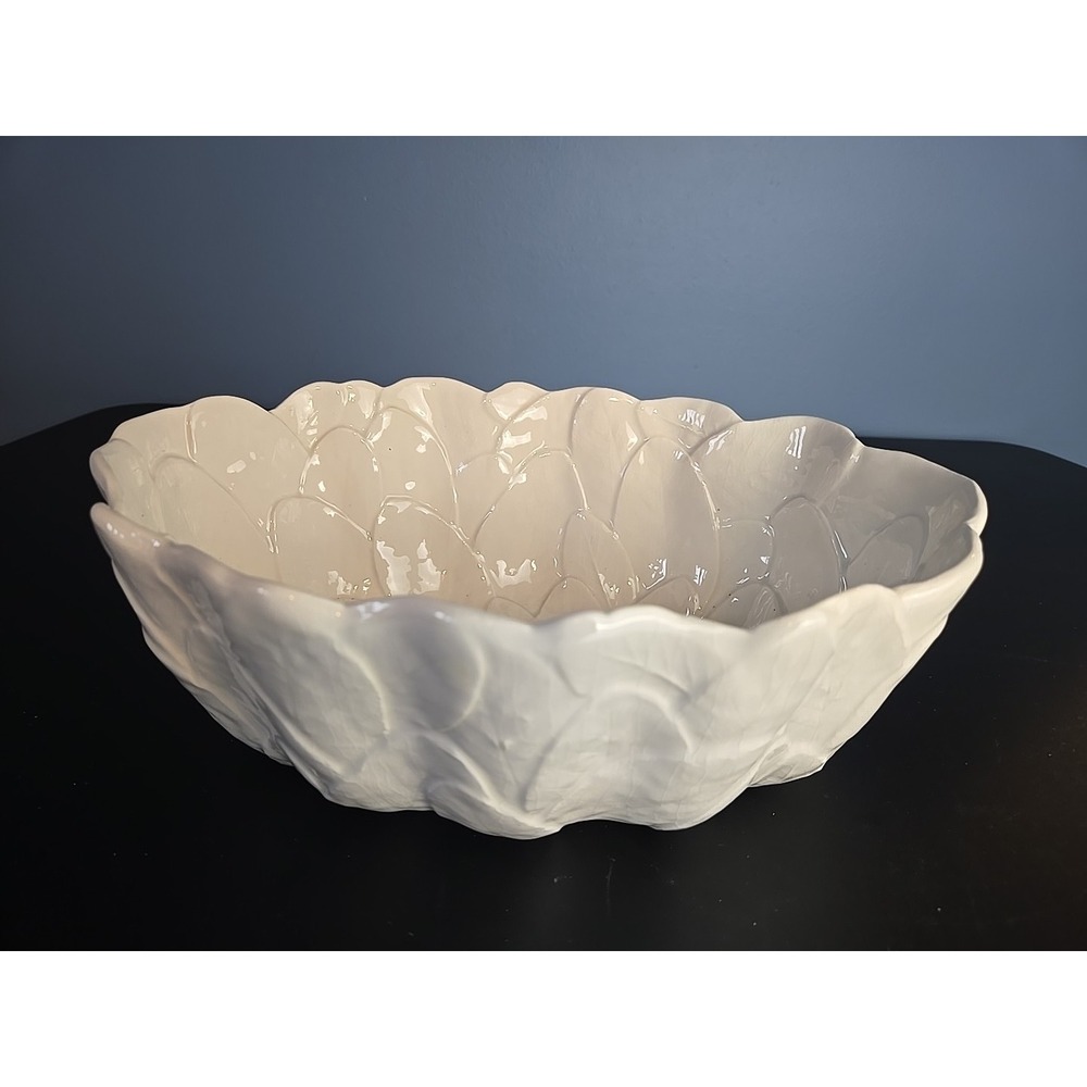 Handmade In Italy Embossed Leaves 10.5" Oval Vegetable Bowl White